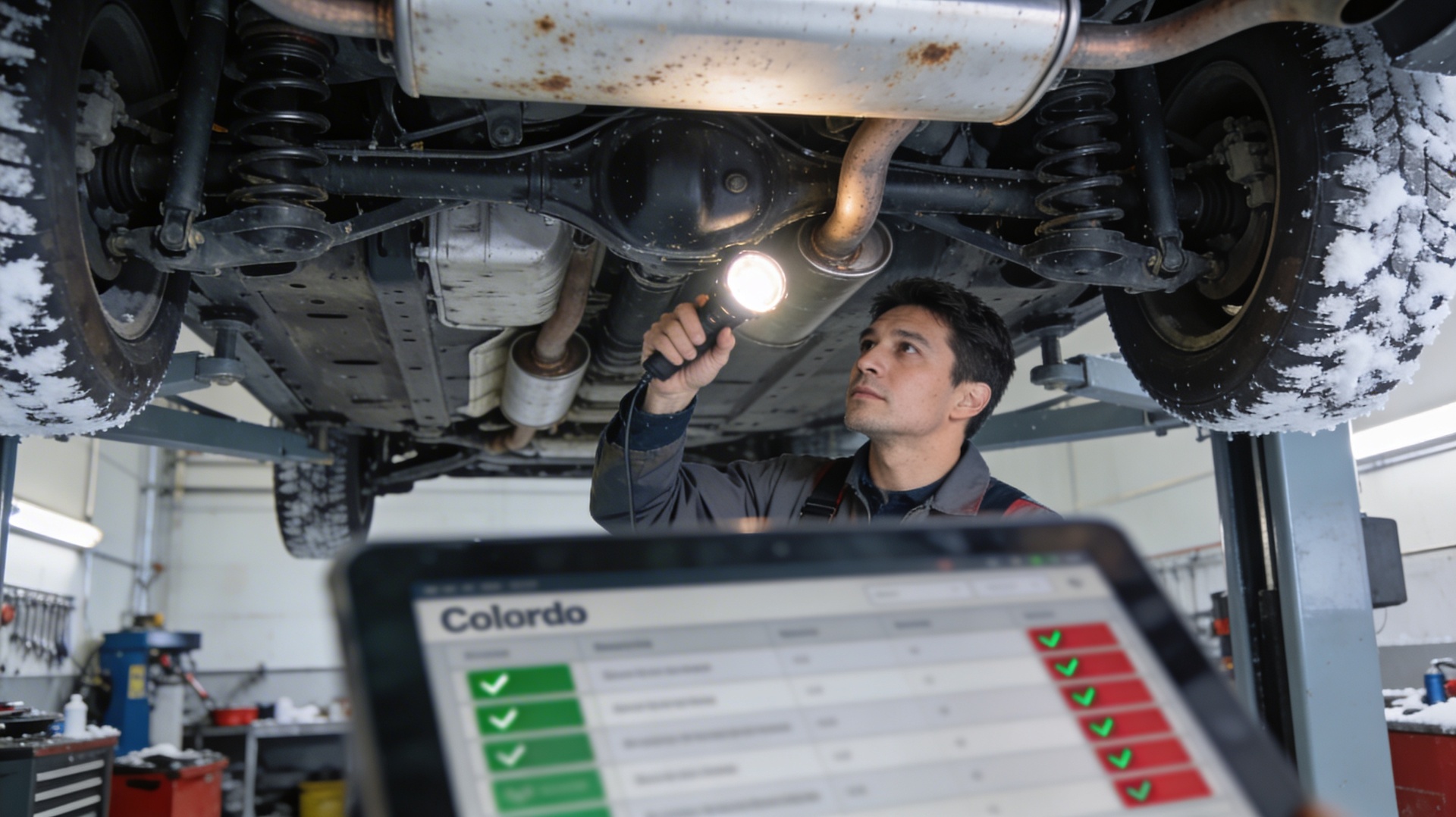 Mechanic using diagnostic tool during vehicle inspection in a workshop