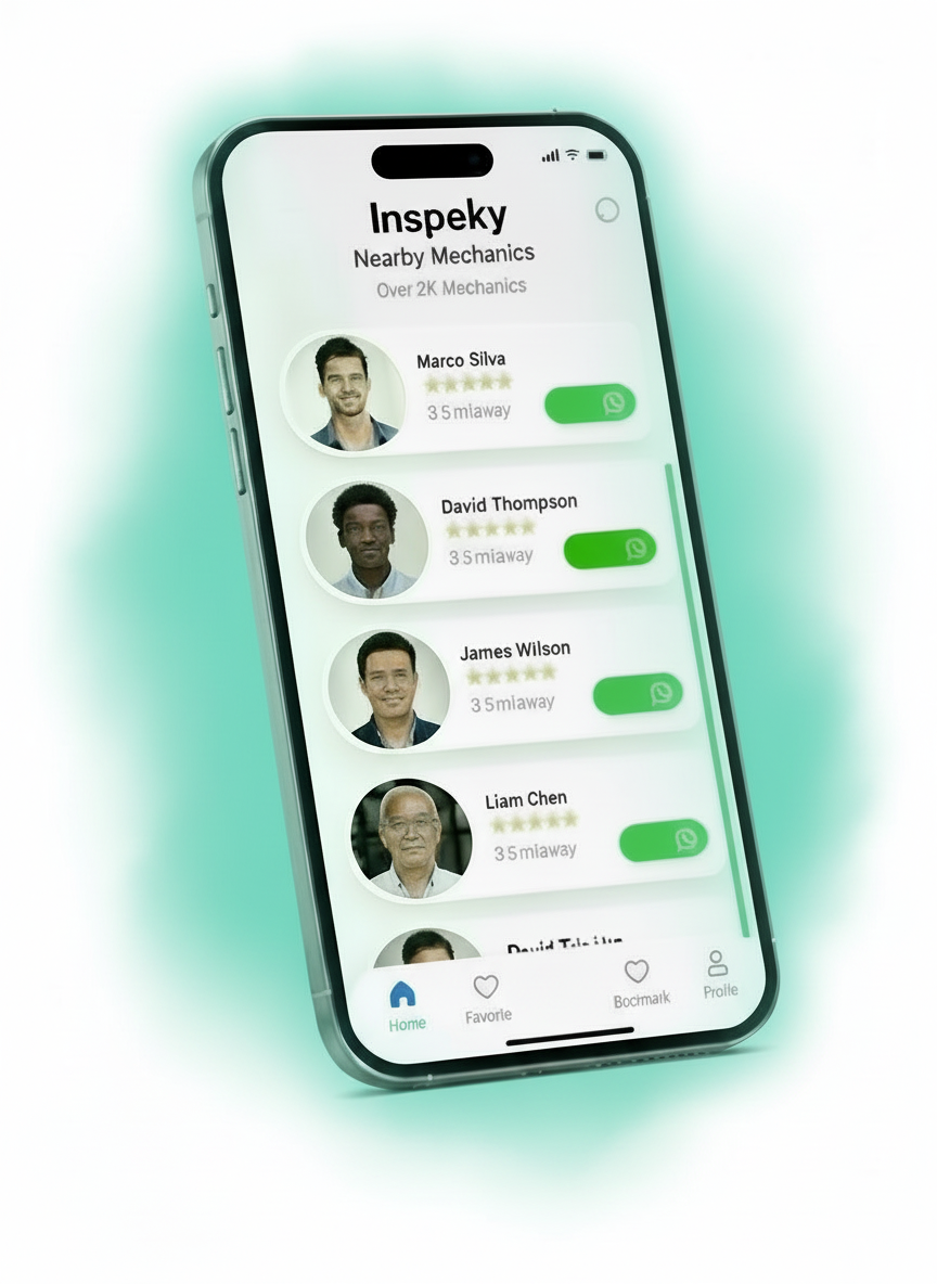 Inspeky mobile app showing nearby certified mechanics with ratings and availability