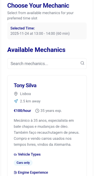 Screenshot of Inspeky app – Choose Mechanic step