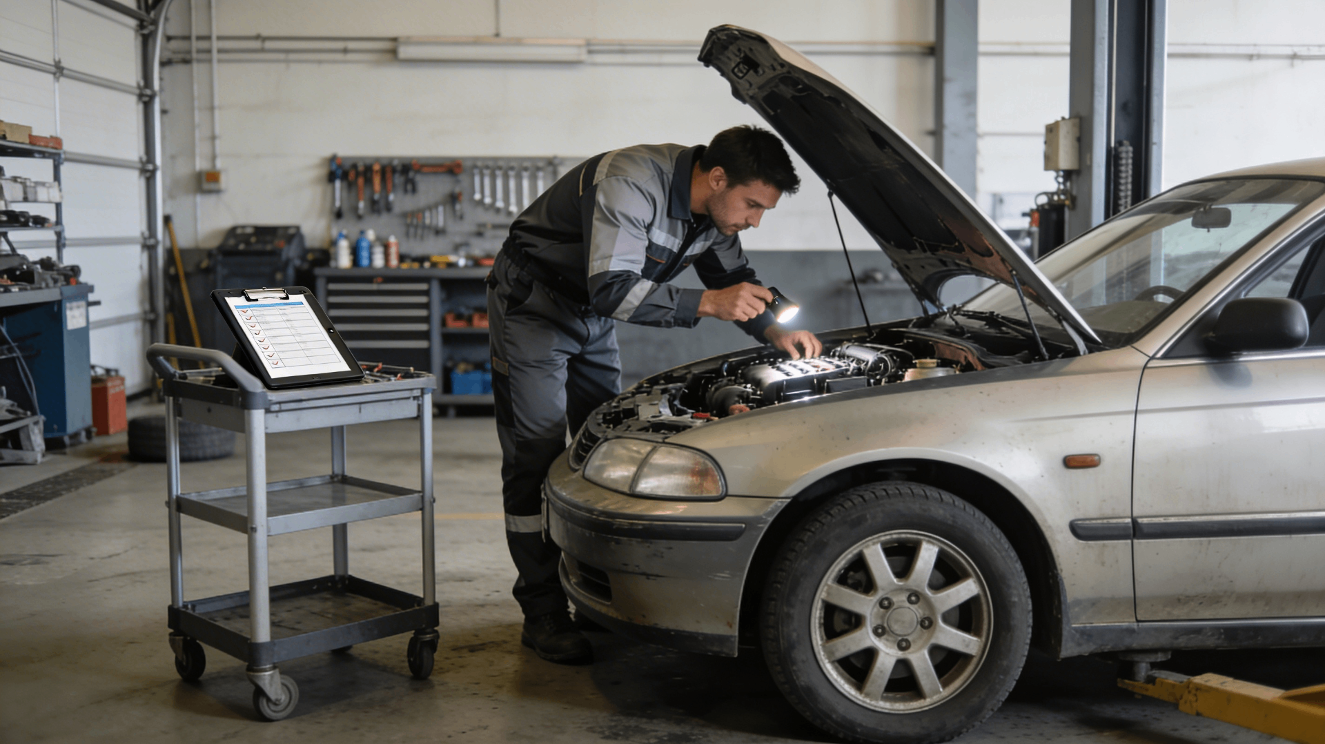 Mechanics examining a used car for scratches and damage during pre-purchase inspection